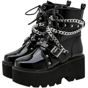 ✨Women's Black Patent Ankle Boots Chunky High Heel Lace Up Combat Punk Booties